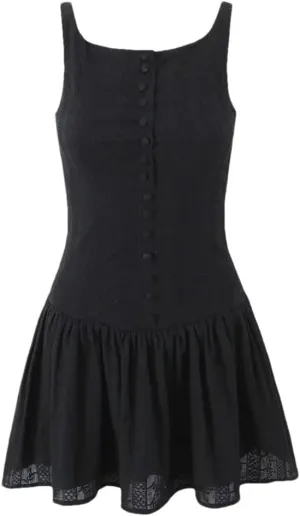 Women Summer Mini White Dress Cotton Sleeveless Drop-Waist Eyelet Buttons Down Party Dresses