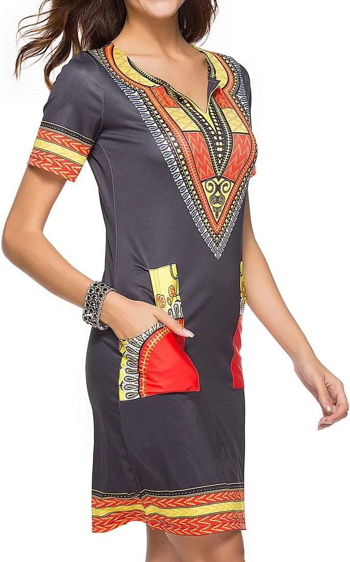 Womens African Attir Bohemian Dashiki Traditional Tribal Vintage Ethnic Midi Dresses