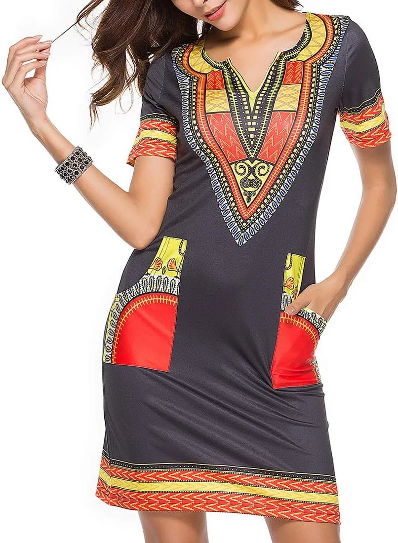 Womens African Attir Bohemian Dashiki Traditional Tribal Vintage Ethnic Midi Dresses
