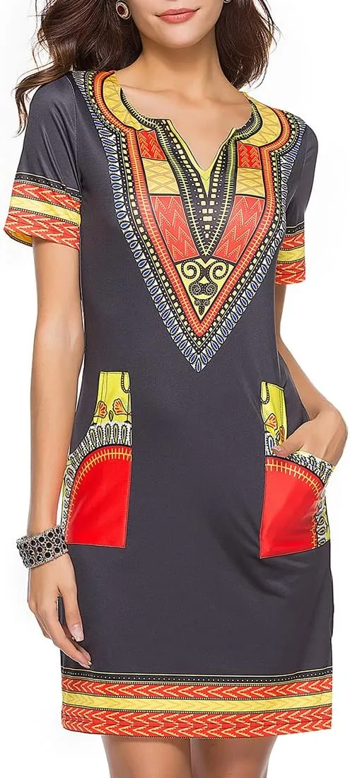 Womens African Attir Bohemian Dashiki Traditional Tribal Vintage Ethnic Midi Dresses