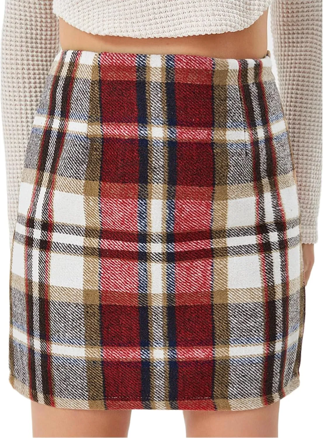 Women's Casual Plaid Skirt Zipper Side High Waisted Bodycon Mini Skirt