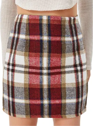 Women's Casual Plaid Skirt Zipper Side High Waisted Bodycon Mini Skirt