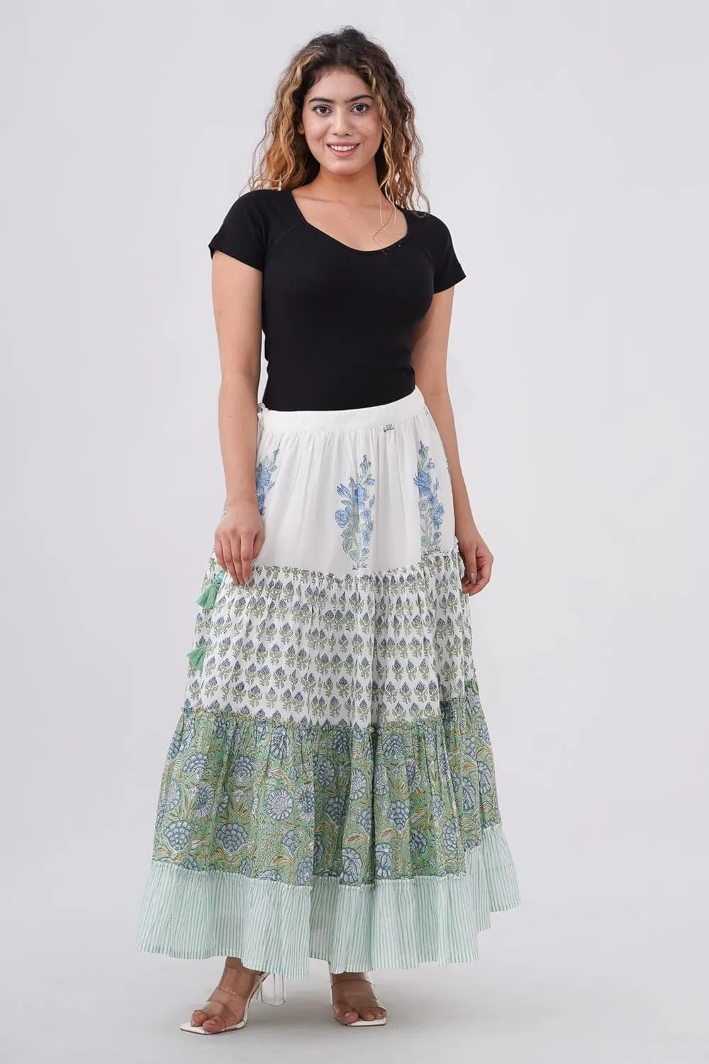 Women's Cotton Hand Block Printed Maxi Skirt with Drawstring Tassels, Lined & Ruffle Hem