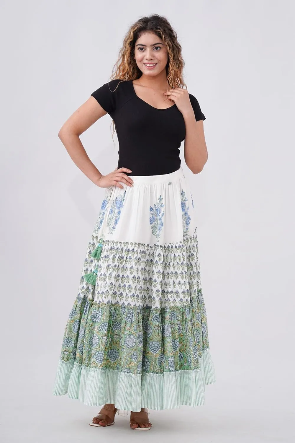 Women's Cotton Hand Block Printed Maxi Skirt with Drawstring Tassels, Lined & Ruffle Hem