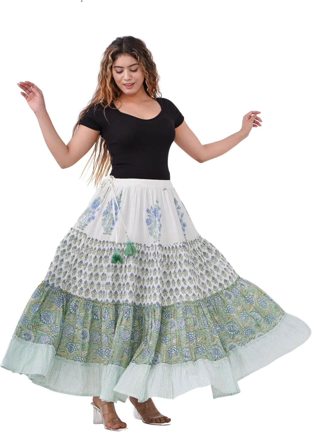 Women's Cotton Hand Block Printed Maxi Skirt with Drawstring Tassels, Lined & Ruffle Hem