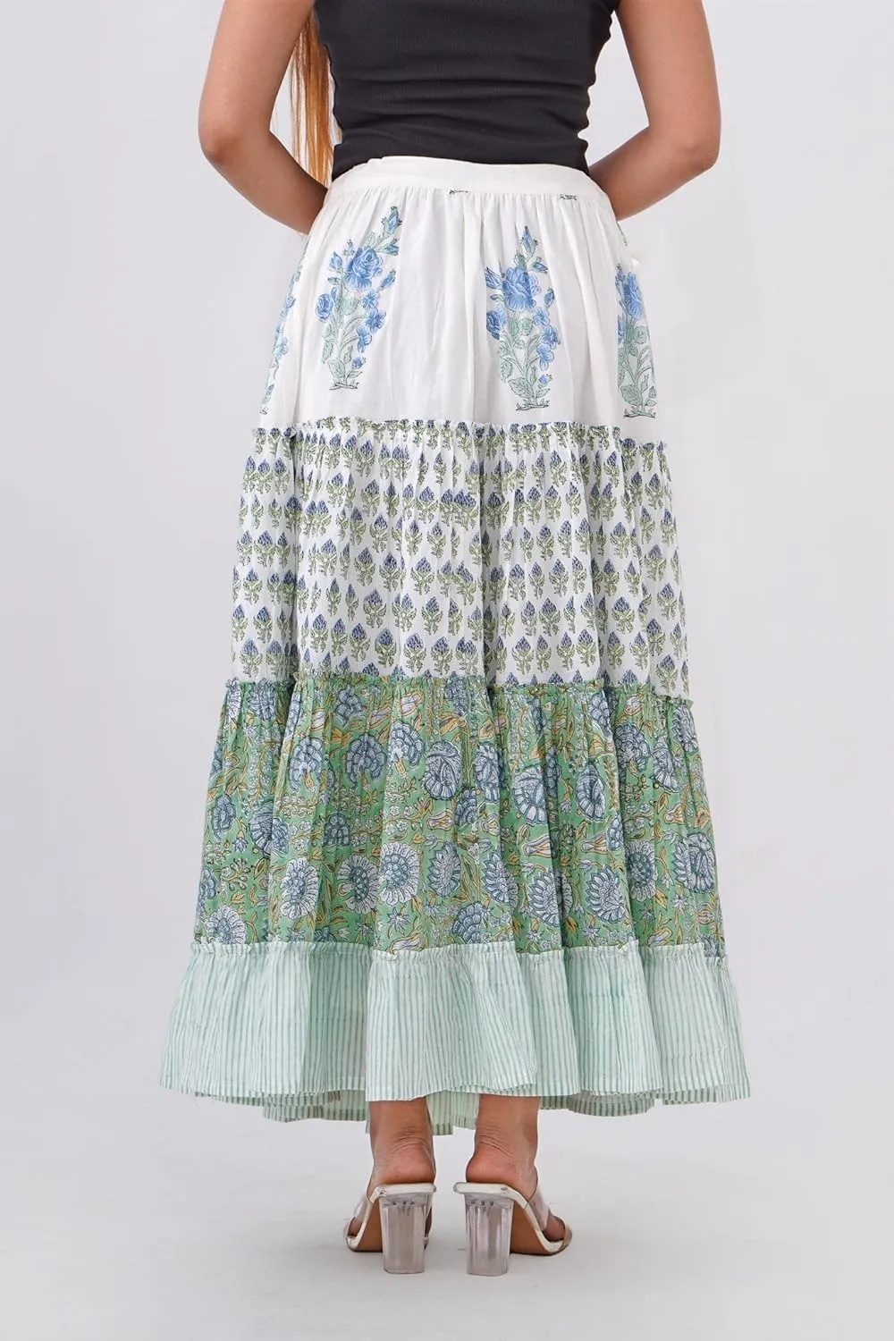 Women's Cotton Hand Block Printed Maxi Skirt with Drawstring Tassels, Lined & Ruffle Hem
