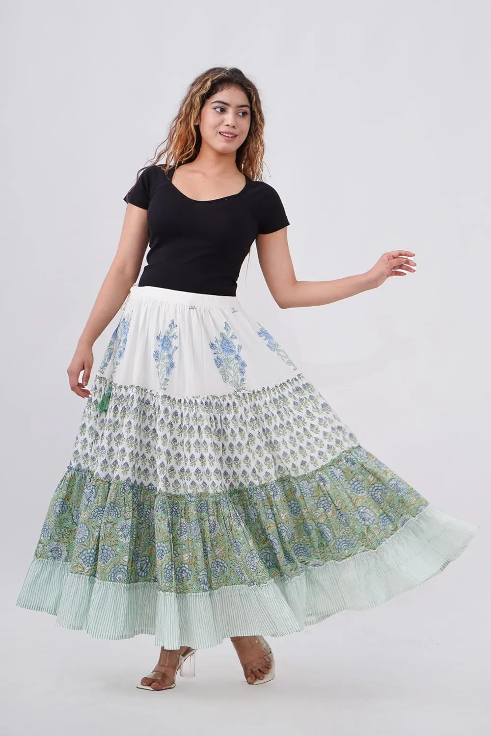 Women's Cotton Hand Block Printed Maxi Skirt with Drawstring Tassels, Lined & Ruffle Hem