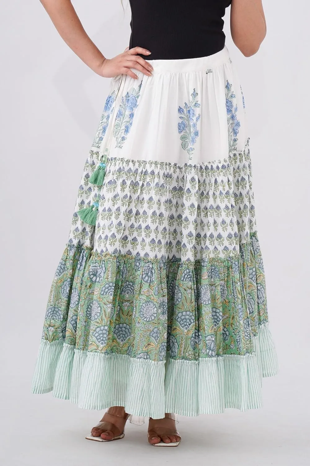 Women's Cotton Hand Block Printed Maxi Skirt with Drawstring Tassels, Lined & Ruffle Hem