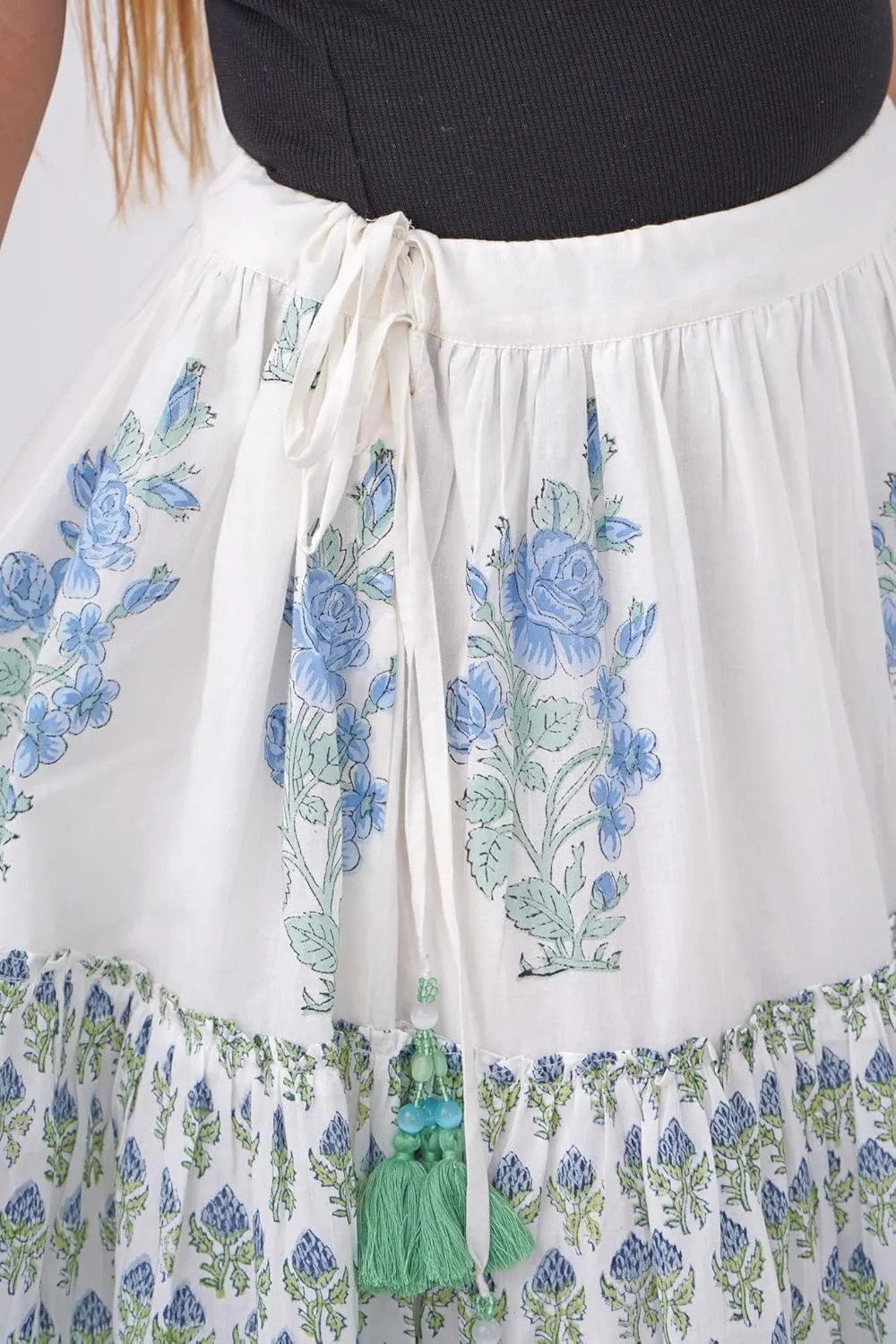 Women's Cotton Hand Block Printed Maxi Skirt with Drawstring Tassels, Lined & Ruffle Hem
