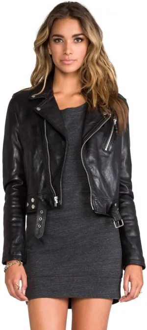 Women's Genuine Lambskin Biker Bomber Jacket Small Black