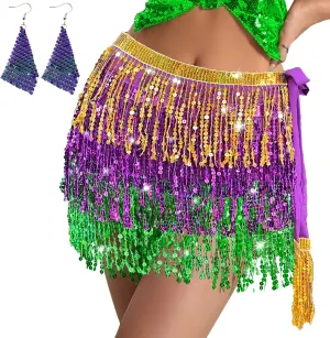 Women's Sequin Fringe Skirt Sparkle Tassel Skirts Belly Dance Hip Scarf for Girls Halloween Party Rave Costume