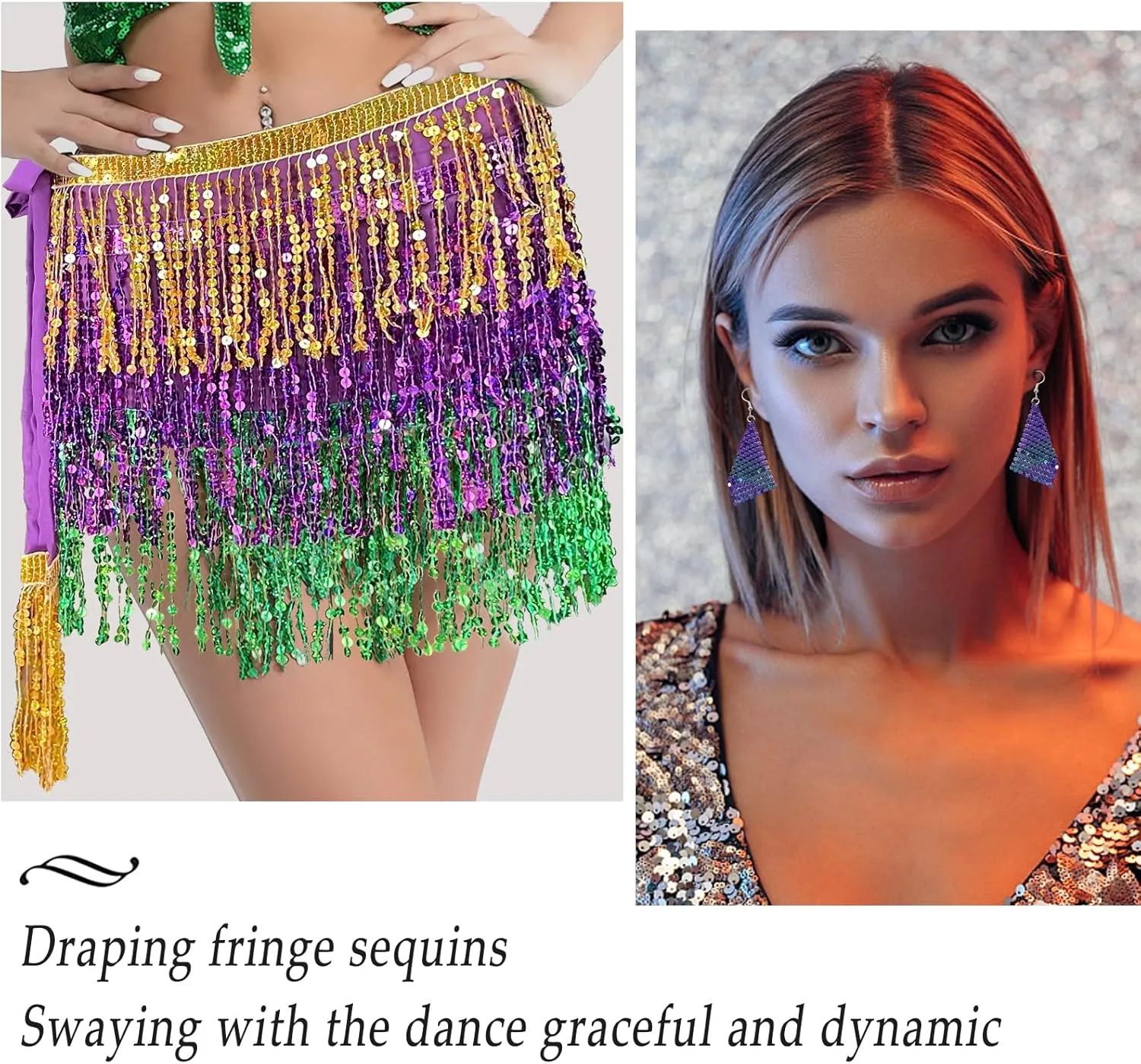 Women's Sequin Fringe Skirt Sparkle Tassel Skirts Belly Dance Hip Scarf for Girls Halloween Party Rave Costume