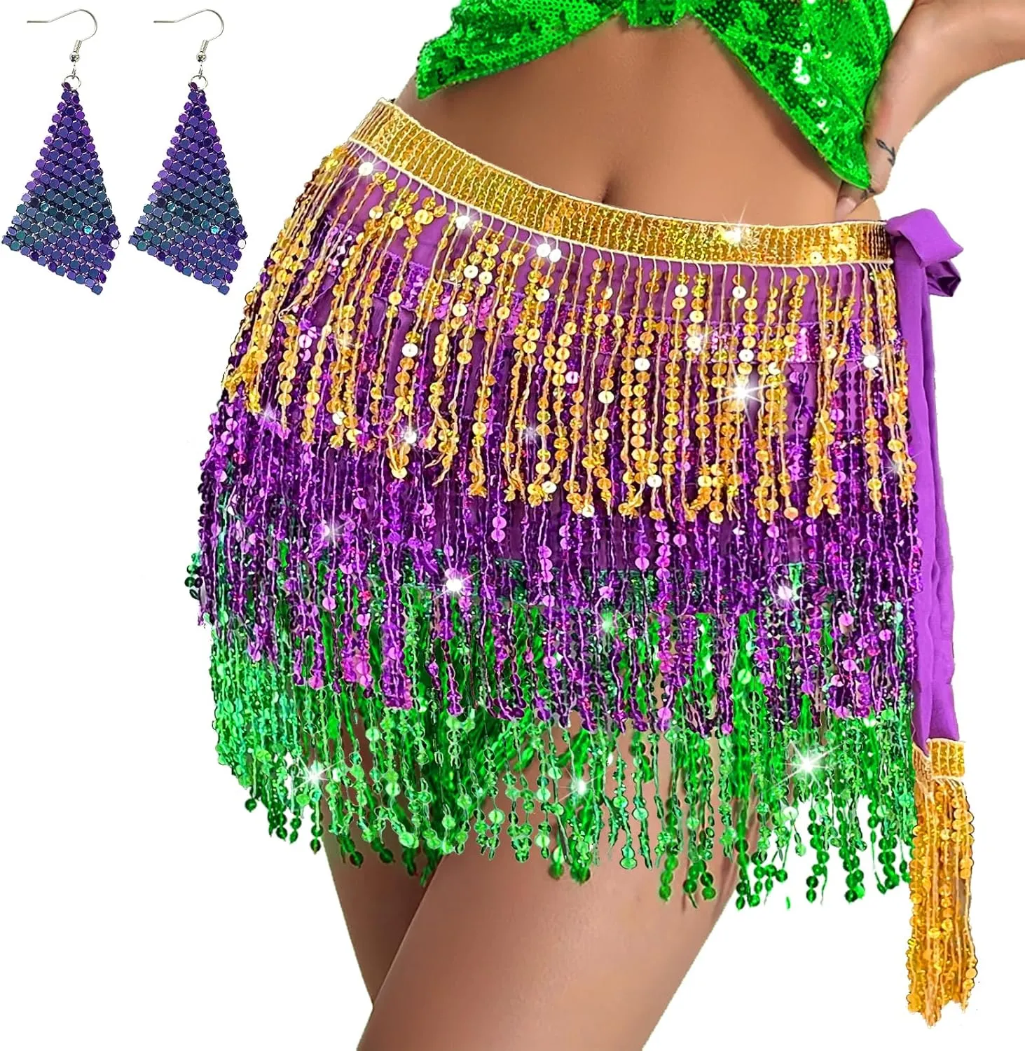 Women's Sequin Fringe Skirt Sparkle Tassel Skirts Belly Dance Hip Scarf for Girls Halloween Party Rave Costume