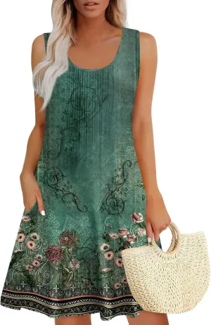 Women's Summer Dresses Beach Vacation Sundress 2025 V Neck Dress with Pocket Casual Printed Swimsuit Coverup