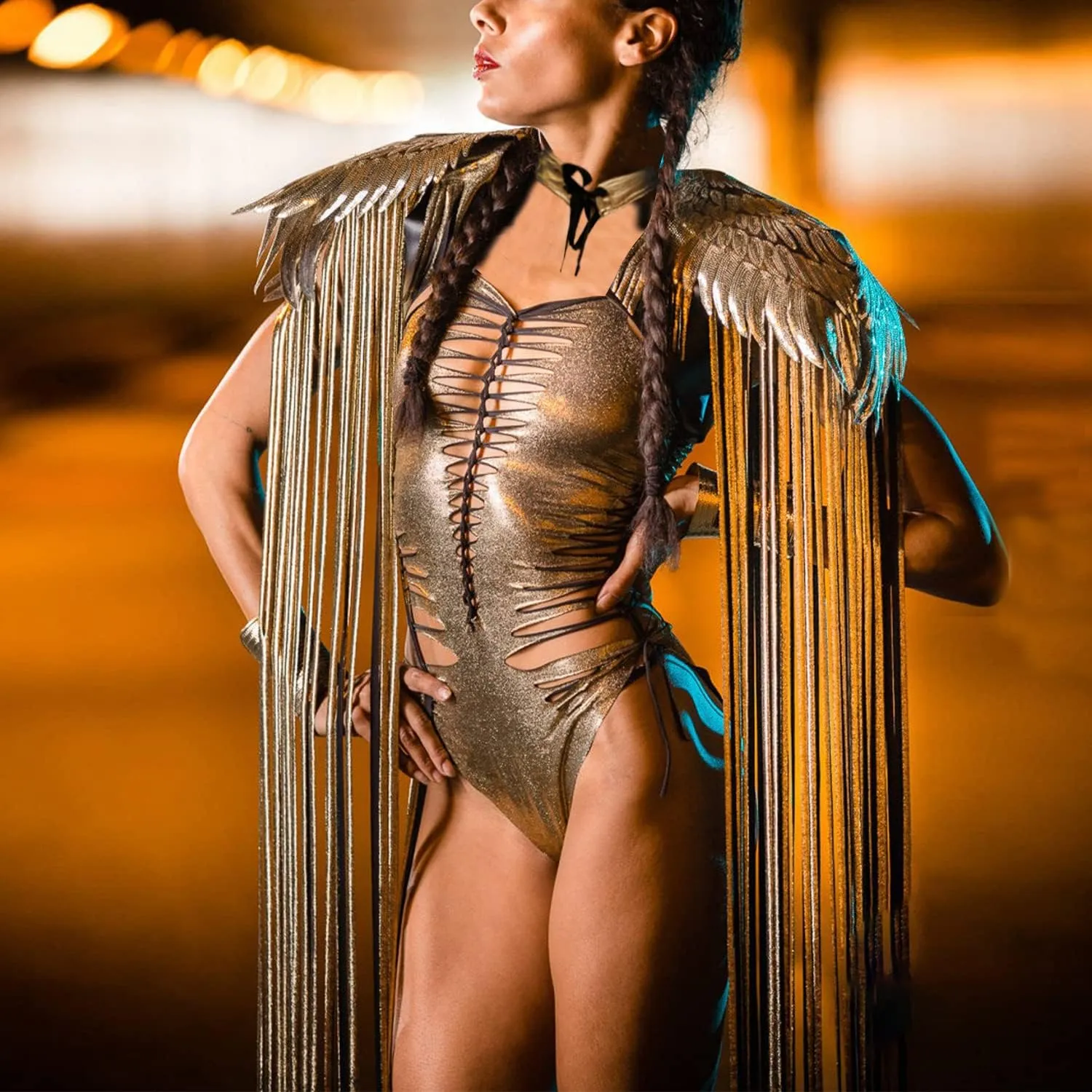 Ypser Shoulder Pieces with Fringed Angel Wings Cape Shawl for Burning Men Halloween Cosplay