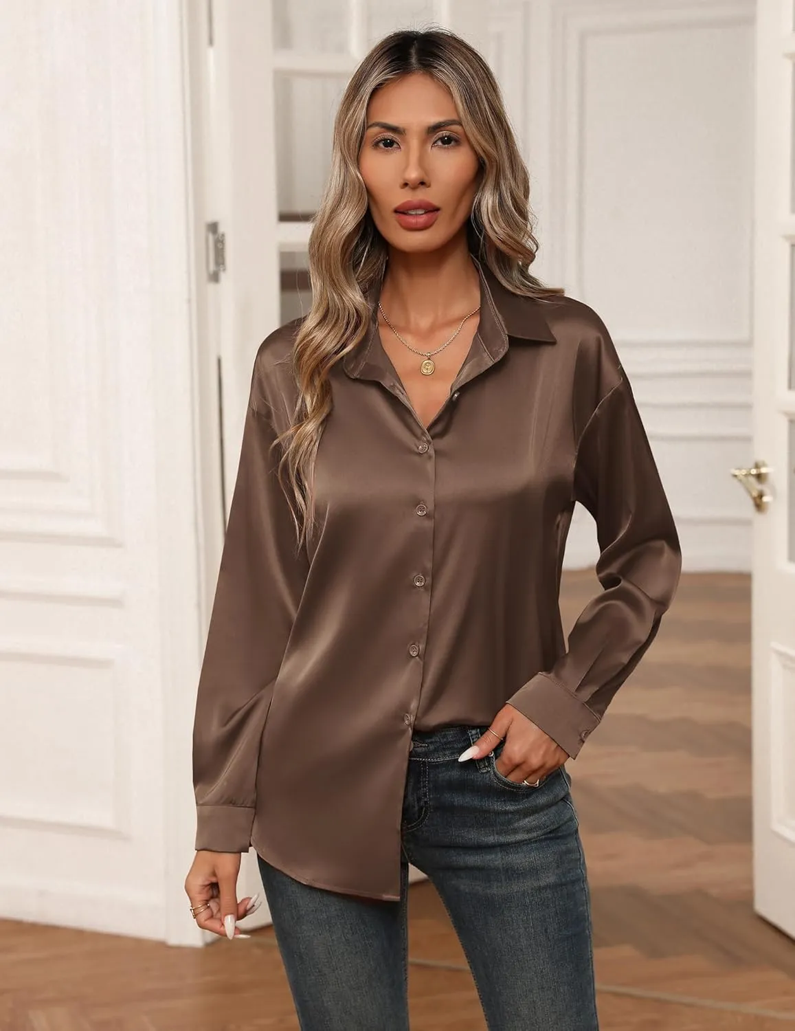 Zeagoo Blouses for Women Silk Button Down Shirts Casual Loose Long Sleeve Satin Top Business Work Tunic
