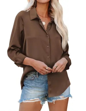 Zeagoo Blouses for Women Silk Button Down Shirts Casual Loose Long Sleeve Satin Top Business Work Tunic
